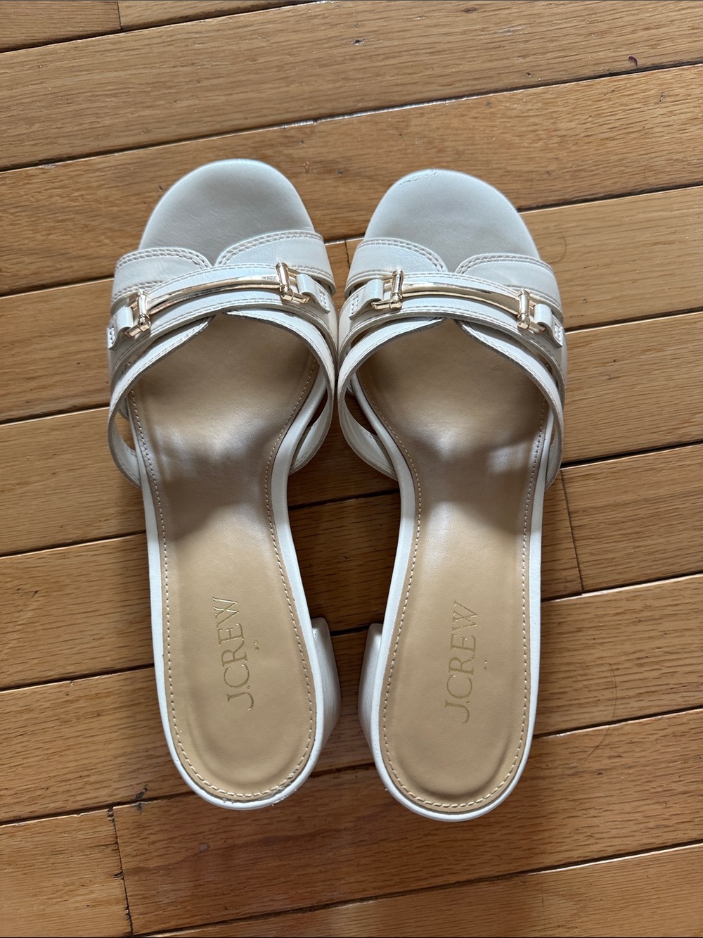 J. Crew White Slide Mules with Gold Buckle Accent